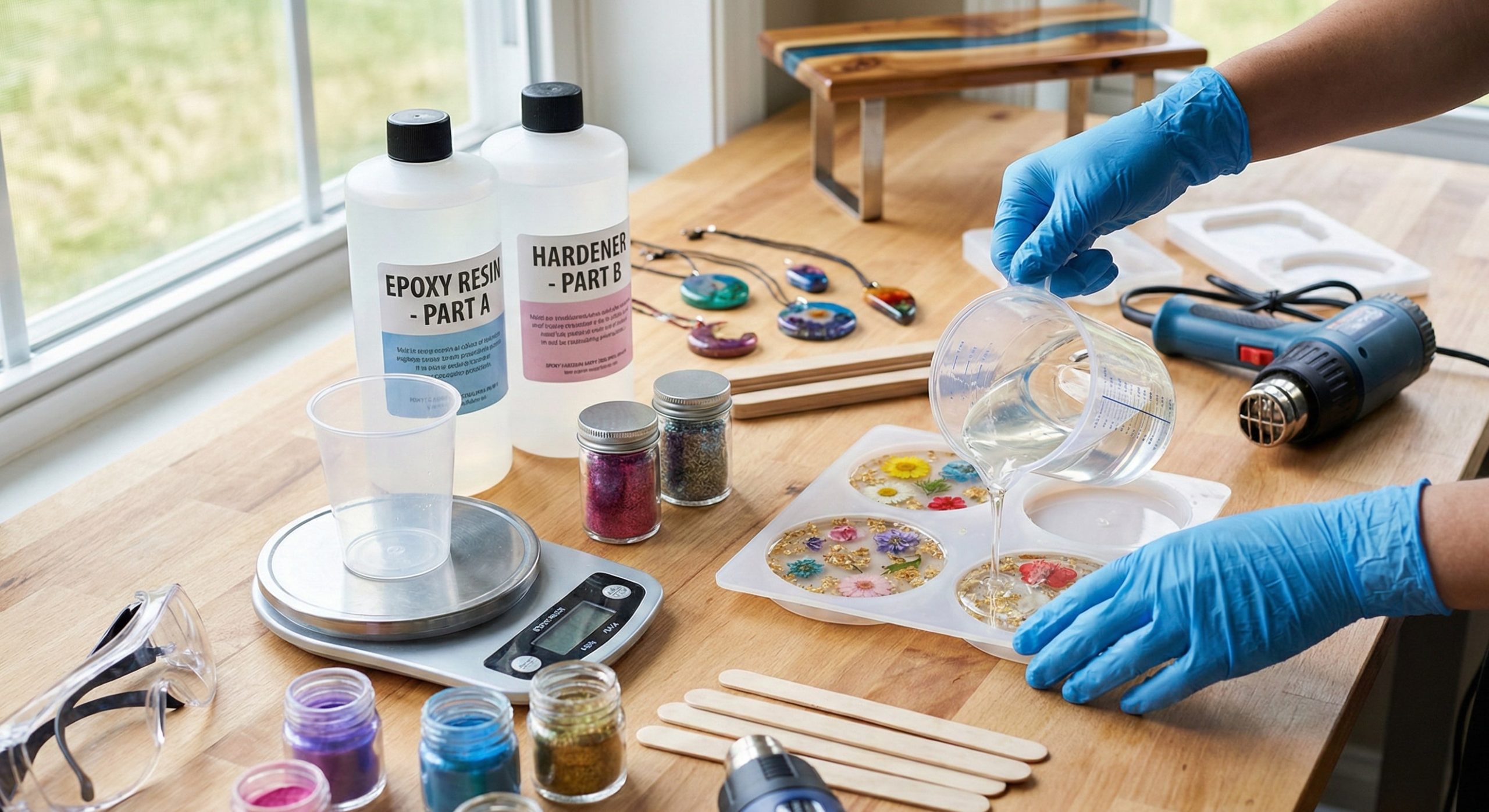 Dłonie w niebieskich rękawiczkach wlewają przezroczystą żywicę epoksydową do silikonowej formy z zatopionymi suszonymi kwiatami i złotymi płatkami.