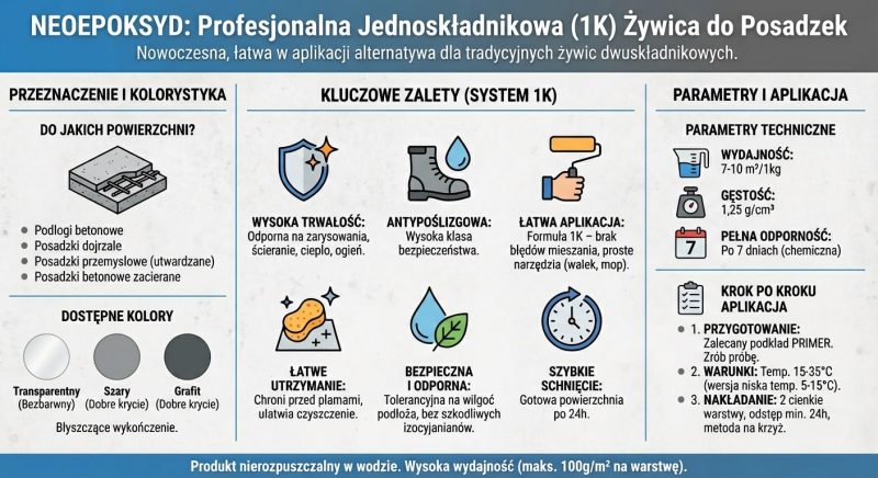 Tablica informacyjna o produkcie NEOEOKSYD – profesjonalnej jednoskładnikowej żywicy do posadzek