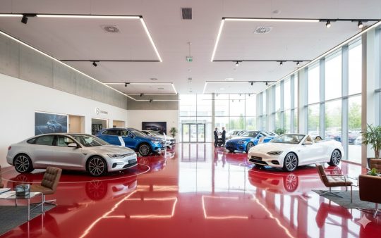 Nowoczesny salon samochodowy z lśniącą posadzką żywiczną w kolorze czerwień tlenkowa RAL 3009.