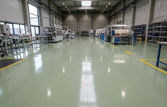 Wnętrze nowoczesnej hali produkcyjnej z bardzo lśniącą podłogą w kolorze RAL 6021, oznaczoną żółtymi liniami bezpieczeństwa.