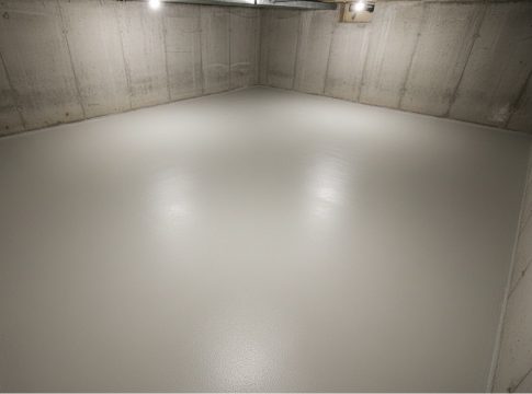 Gładka powłoka podłogowa w kolorze RAL 7030 Cement Grey pokrywa całą powierzchnię pomieszczenia, kontrastując z surowymi, betonowymi ścianami.