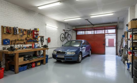 Przestronny i dobrze oświetlony garaż z lśniącą, gładką podłogą w kolorze RAL 7040, gdzie zaparkowano samochód osobowy.