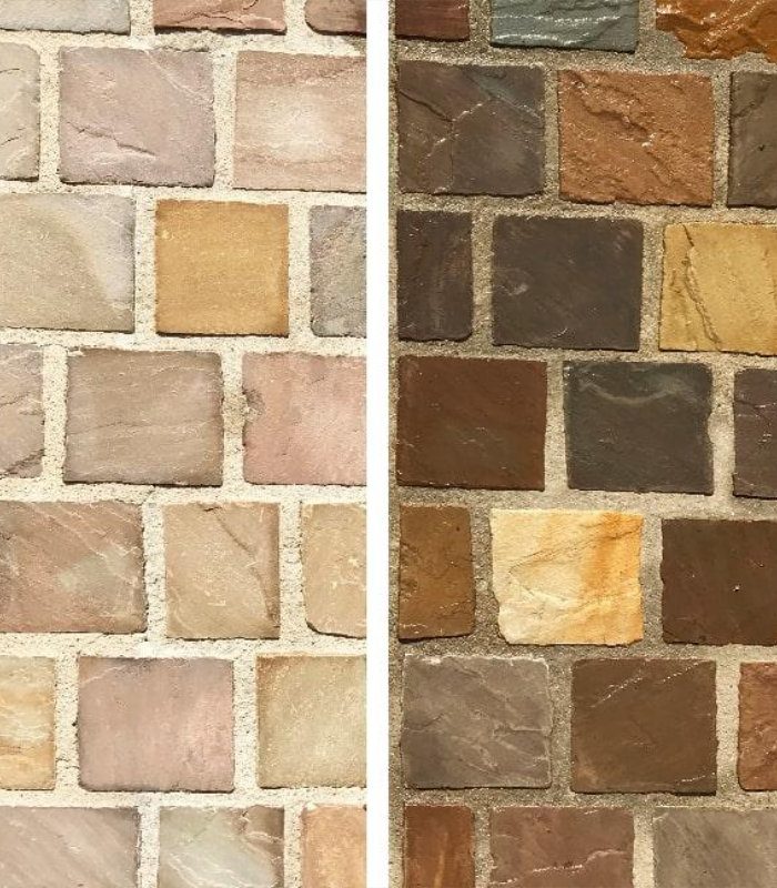 Mur z cegly i piaskowca: lewa strona surowa, prawa zaimpregnowana